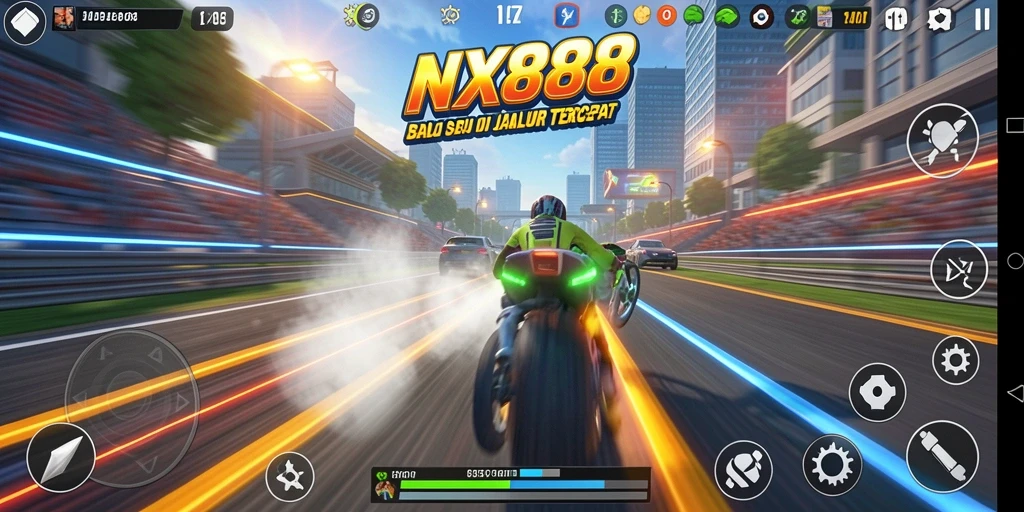 Tampilan gameplay NX888 dengan balapan seru dan mobil yang bertenaga.