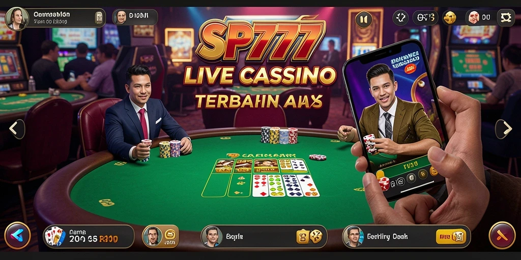 Screenshot gameplay SP777 menampilkan dealer langsung dan suasana kasino yang nyata.
