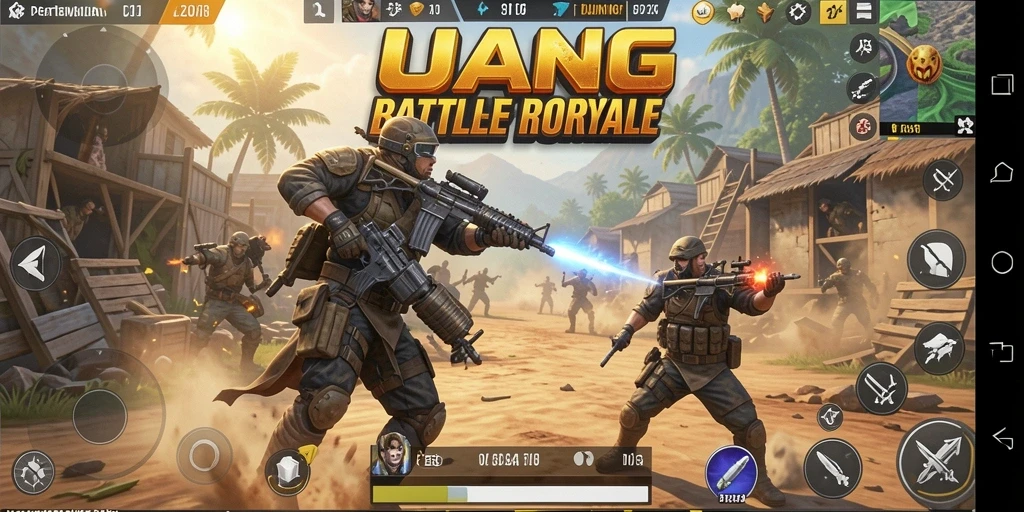 Screenshot gameplay utama UANG yang menunjukkan pertempuran epik Battle Royale.